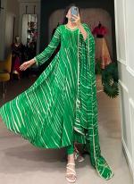 Georgette Green Casual Wear Leheriya Print Readymade Gown With Dupatta